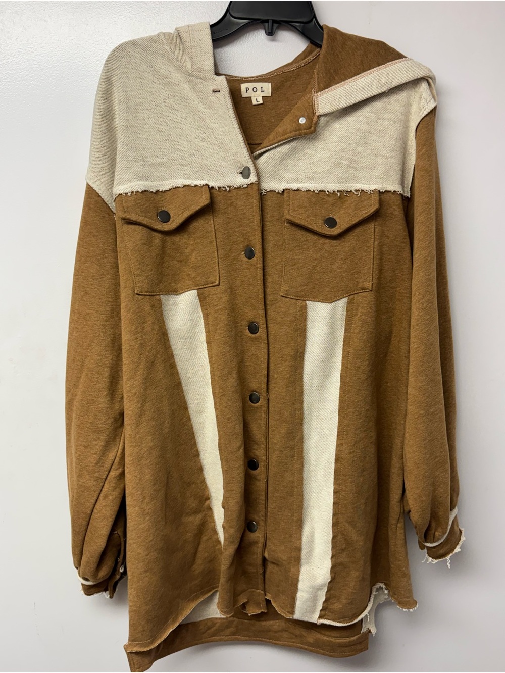 POL Oversized Hooded Shacket Jacket Large Brown Cream Colorblock Raw Hem Boho C - Picture 3 of 10